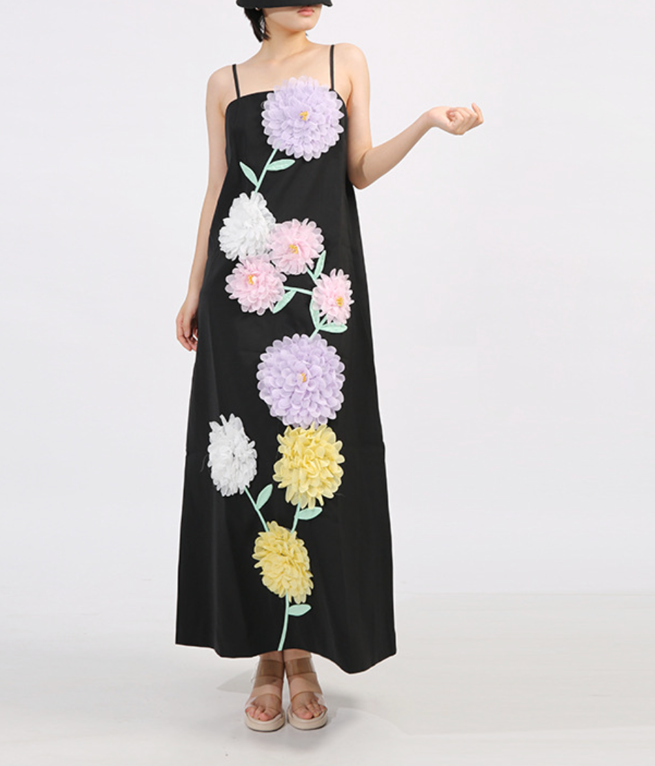 spaghetti-strap column dress with 3D floral appliqué – LILAC