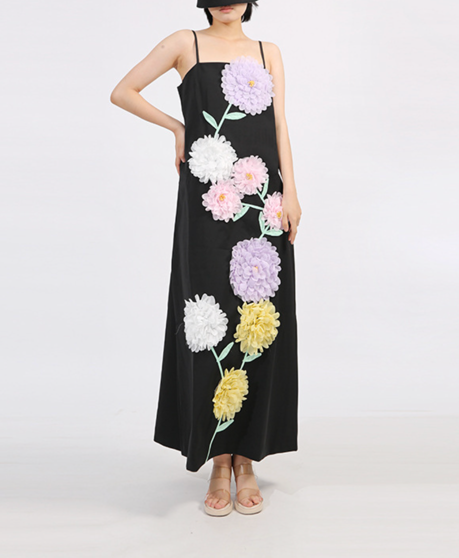 spaghetti-strap column dress with 3D floral appliqué – LILAC