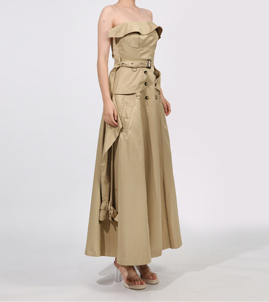 strapless trench-style maxi dress with belted waist – SAHARA