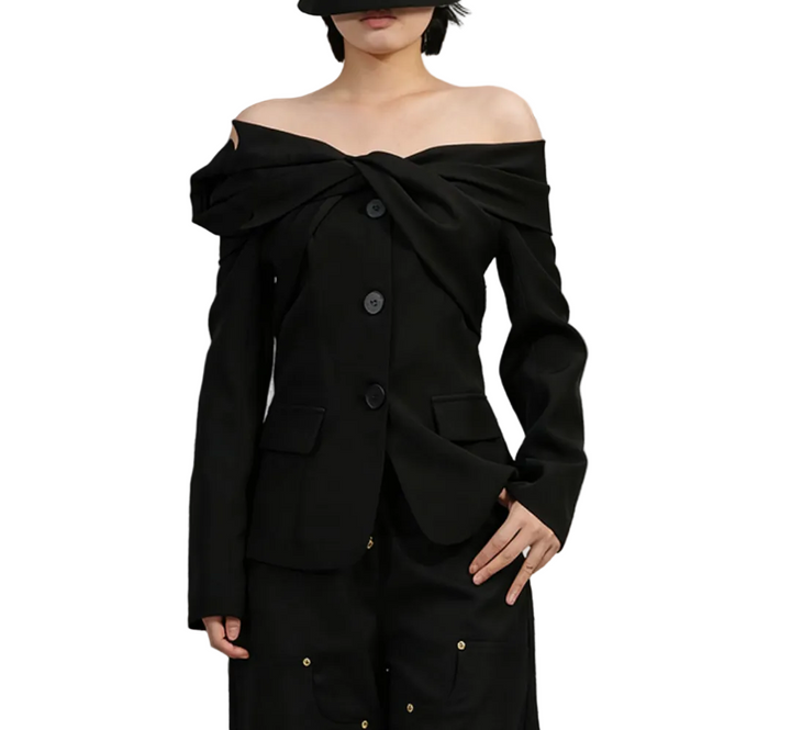 off-shoulder tailored blazer with twisted neckline – TWIST