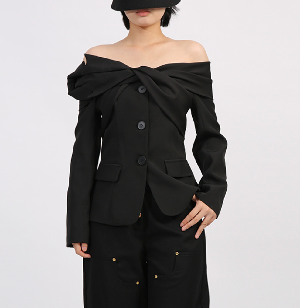 off-shoulder tailored blazer with twisted neckline – TWIST