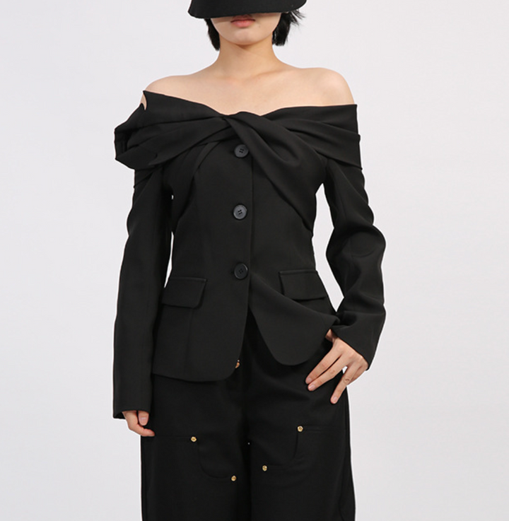 off-shoulder tailored blazer with twisted neckline – TWIST