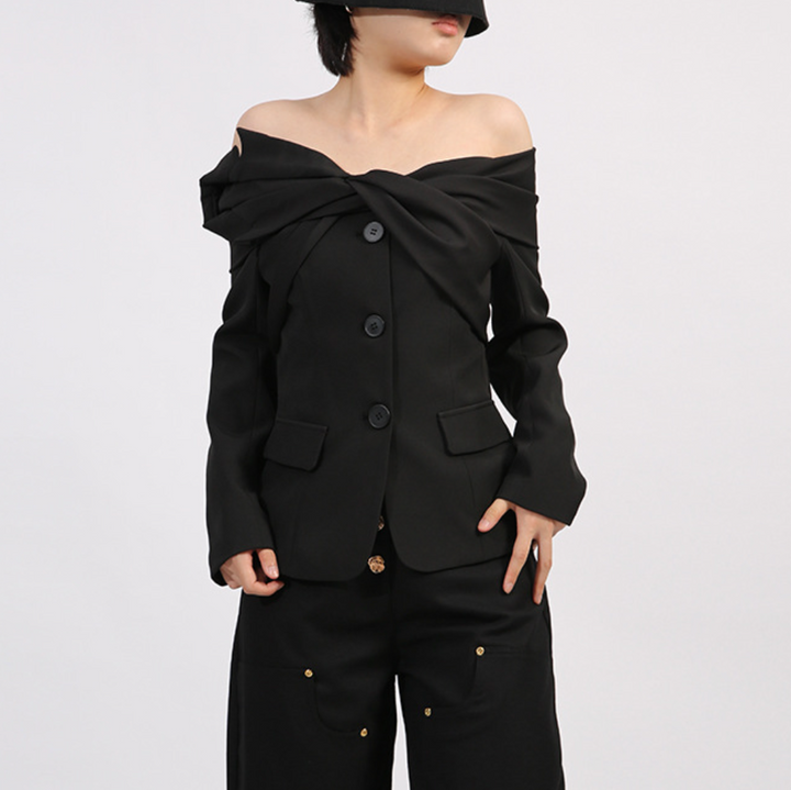 off-shoulder tailored blazer with twisted neckline – TWIST