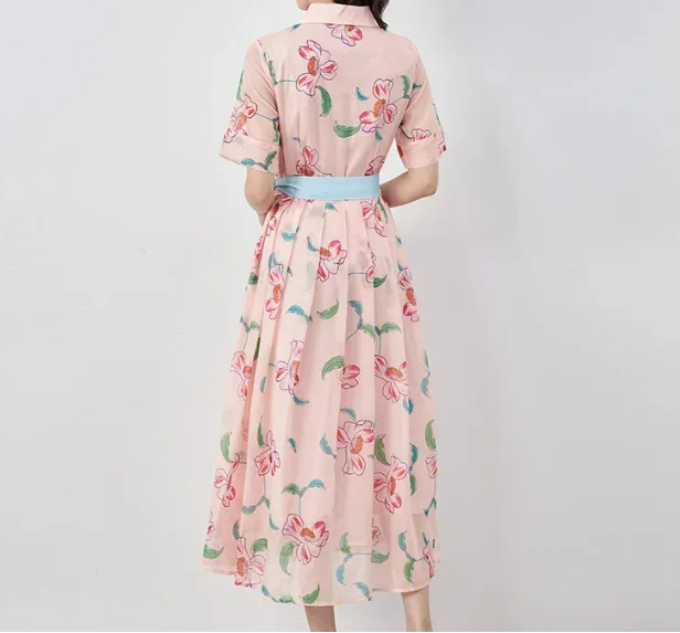 floral shirt maxi dress with contrast waist tie – BLOSSIA