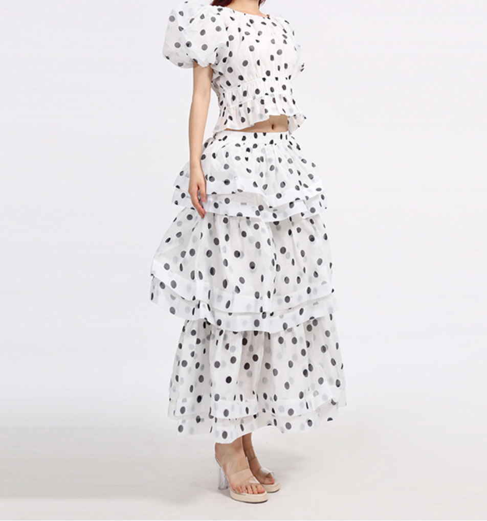 Polka-Dot Puff-Sleeve Tiered Skirt Set – LUMI
