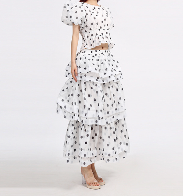 Polka-Dot Puff-Sleeve Tiered Skirt Set – LUMI