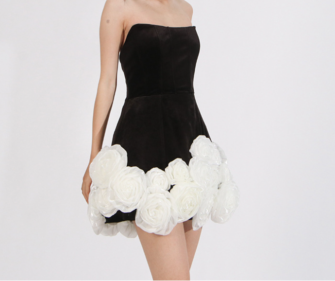 strapless mini dress with sculpted rose hem – PETAL