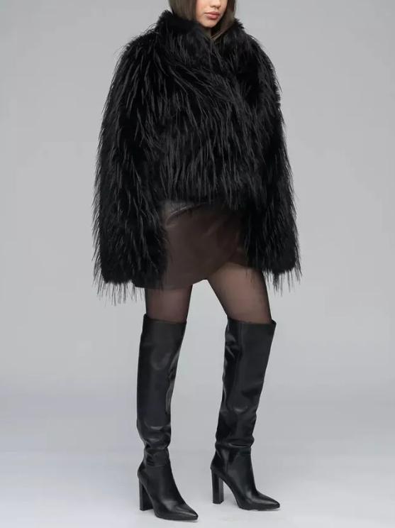 feather-textured faux fur jacket with elongated sleeves – SILARA
