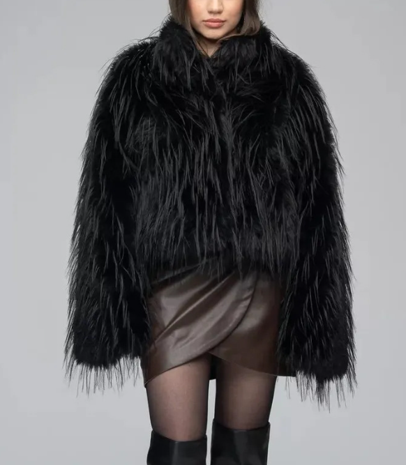 feather-textured faux fur jacket with elongated sleeves – SILARA