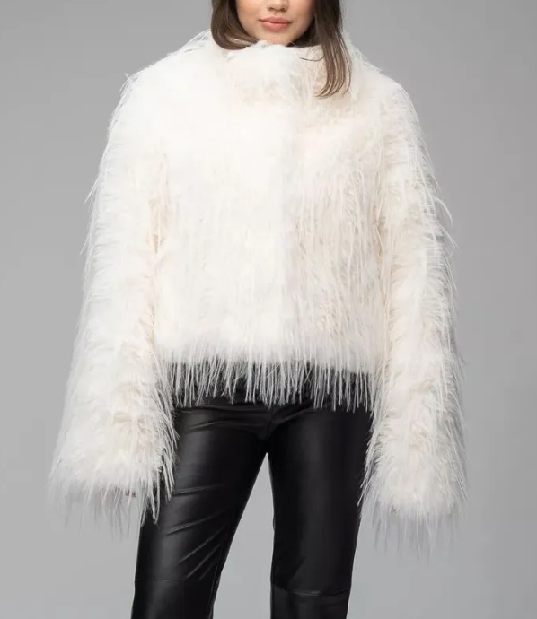 feather-textured faux fur jacket with elongated sleeves – SILARA