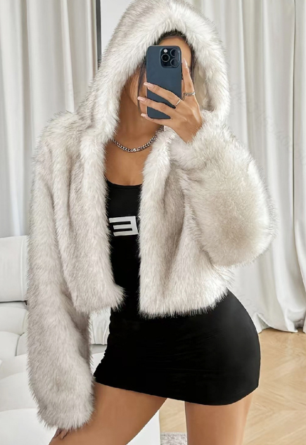 luxury faux fur jacket with plush hooded collar – BLANCA