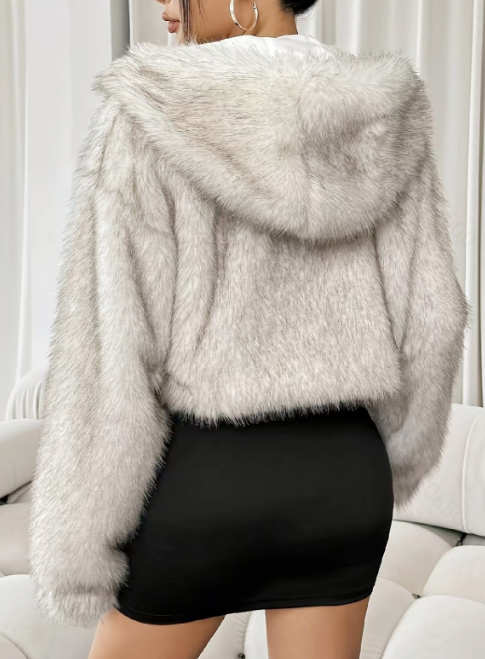 luxury faux fur jacket with plush hooded collar – BLANCA