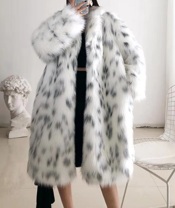 spotted faux fur long coat with open front – SNOWLUX