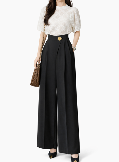 high-waist wide-leg trousers with gold accent – ÉCLAT