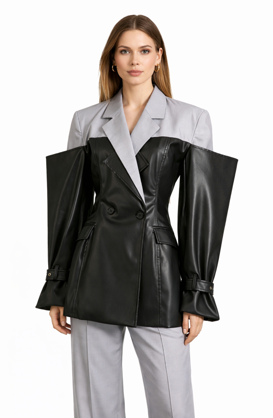 two-tone faux leather blazer with sculpted sleeves – KITIYA