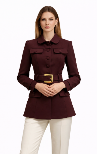 tailored belted jacket with gold buckle – BORDEAUX