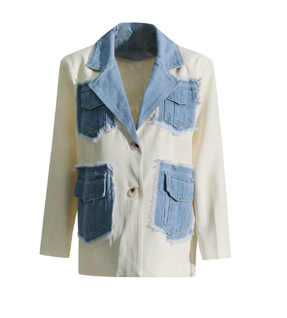 contrast denim patch blazer with frayed details – IZORY
