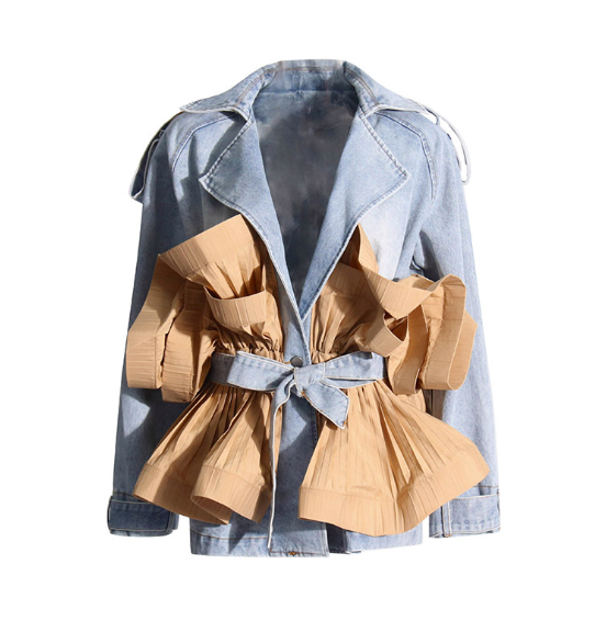 denim jacket with sculpted contrast waist and belt – SANDRA