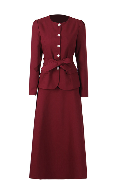 buttoned jacket dress with waist bow and midi skirt – MERLOT