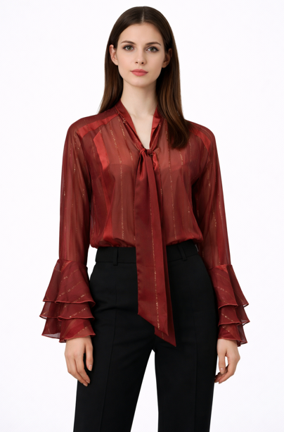 sheer striped blouse with tie neckline and layered cuffs – RUBY