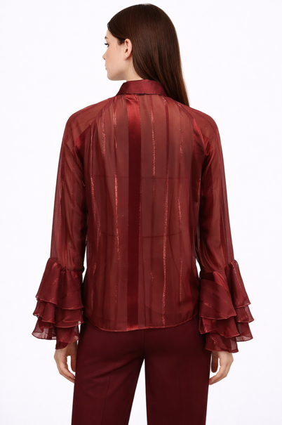 sheer striped blouse with tie neckline and layered cuffs – RUBY
