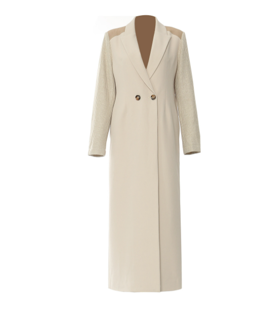 double-breasted long blazer coat with textured sleeves – ELIORA