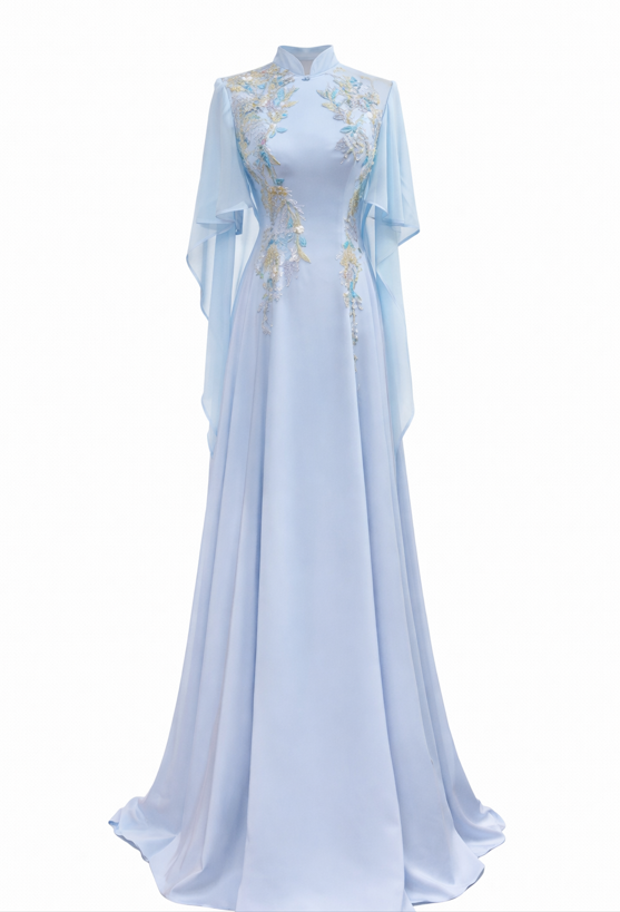 flowy chiffon evening gown with embroidered bodice – AZURE