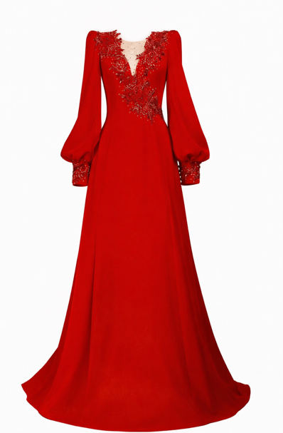 long-sleeve A-line evening gown with embellished V-neck – VALENTINA
