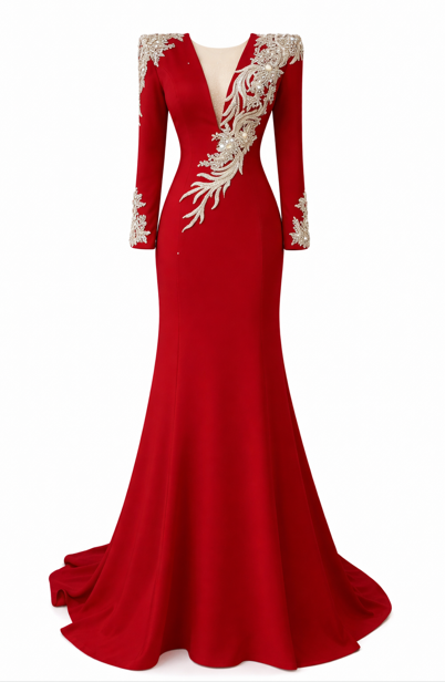 long-sleeve mermaid evening gown with sculpted embroidery – REGINA