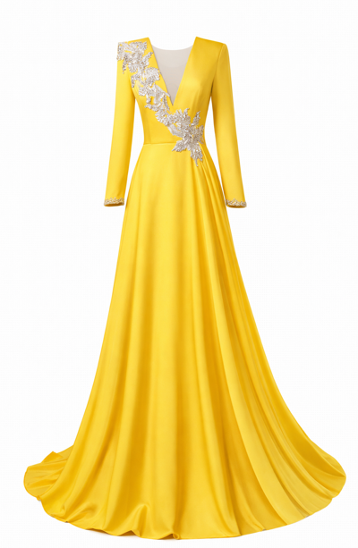 long-sleeve A-line evening gown with silver leaf embroidery – IMPERIA
