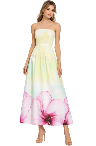 strapless watercolor midi dress with floral hem – AURÉLIA