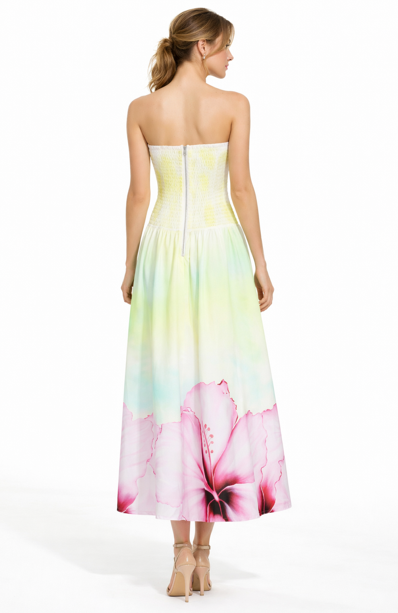 strapless watercolor midi dress with floral hem – AURÉLIA
