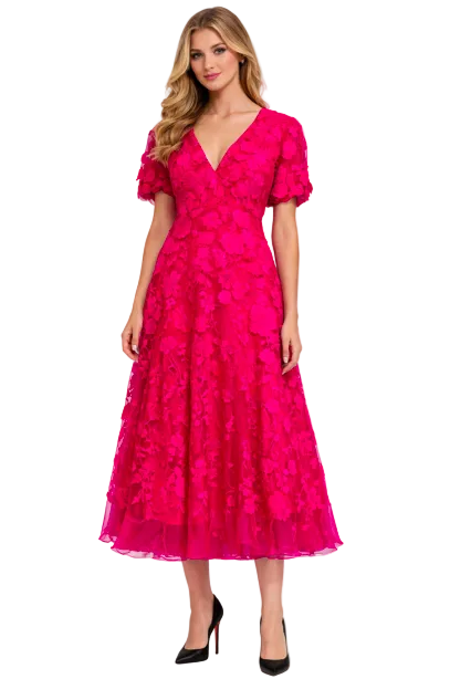 floral lace midi dress with puff sleeves and V-neckline – ROSALIA