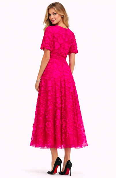 floral lace midi dress with puff sleeves and V-neckline – ROSALIA