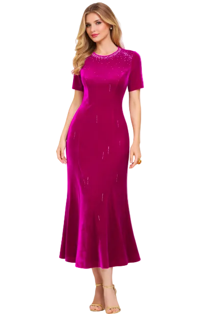 crystal-embellished velvet maxi dress with short sleeves – PLUM