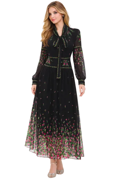 embroidered chiffon maxi dress with tie neckline and sheer sleeves – NOCTURNE