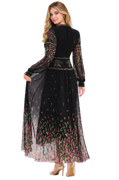 embroidered chiffon maxi dress with tie neckline and sheer sleeves – NOCTURNE