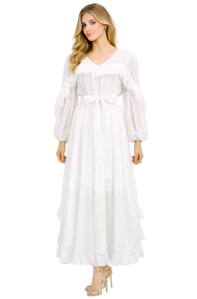 ruffled chiffon midi dress with sheer sleeves and waist tie – AMETHYST