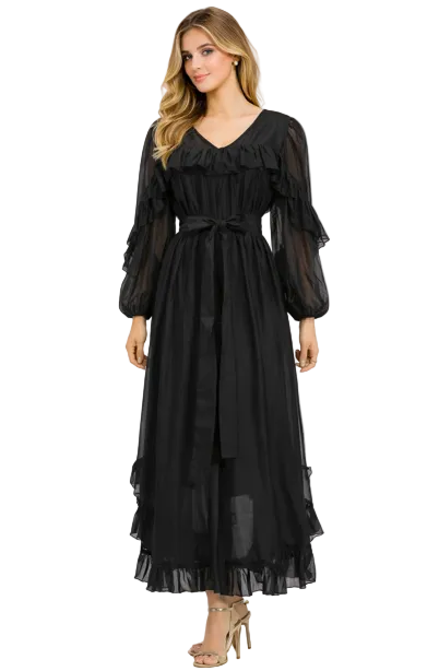 ruffled chiffon midi dress with sheer sleeves and waist tie – AMETHYST