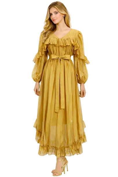 ruffled chiffon midi dress with sheer sleeves and waist tie – AMETHYST