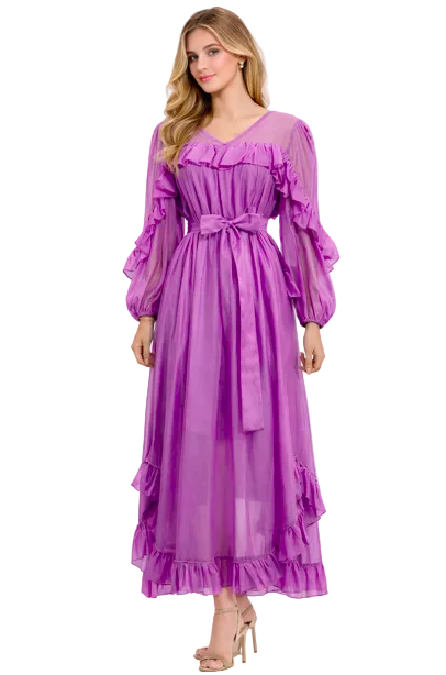 ruffled chiffon midi dress with sheer sleeves and waist tie – AMETHYST