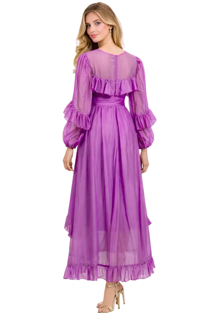 ruffled chiffon midi dress with sheer sleeves and waist tie – AMETHYST