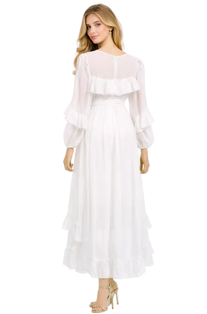 ruffled chiffon midi dress with sheer sleeves and waist tie – AMETHYST