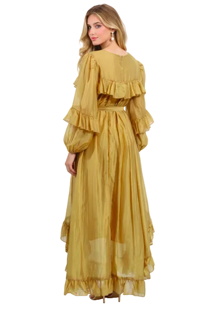 ruffled chiffon midi dress with sheer sleeves and waist tie – AMETHYST