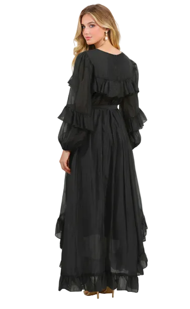 ruffled chiffon midi dress with sheer sleeves and waist tie – AMETHYST