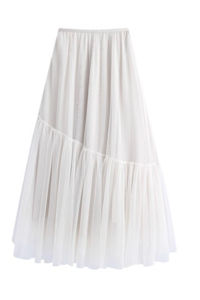 Elegant Layered Maxi Skirt – Soft White Flowing Skirt- PINKO