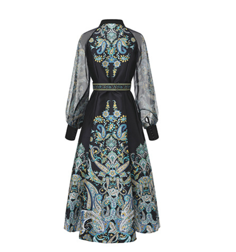 long sleeve paisley print dress with sheer sleeves and belted waist – NOIR