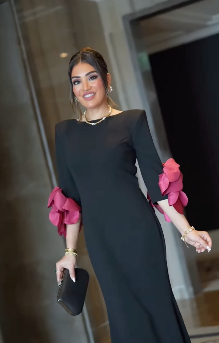 Black column dress with flowered sleeves - LIVIA