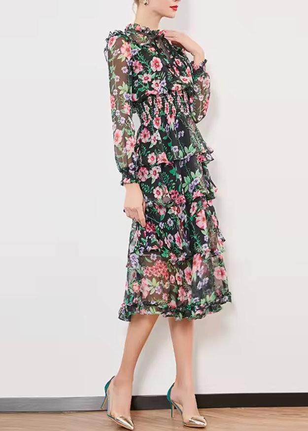 chiffon midi dress with floral print and bow neck – FLORA