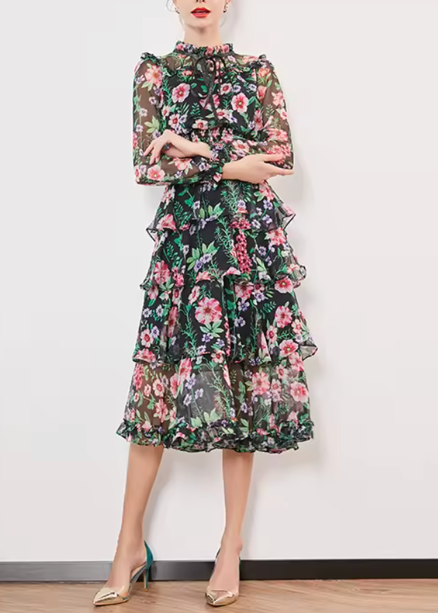 chiffon midi dress with floral print and bow neck – FLORA
